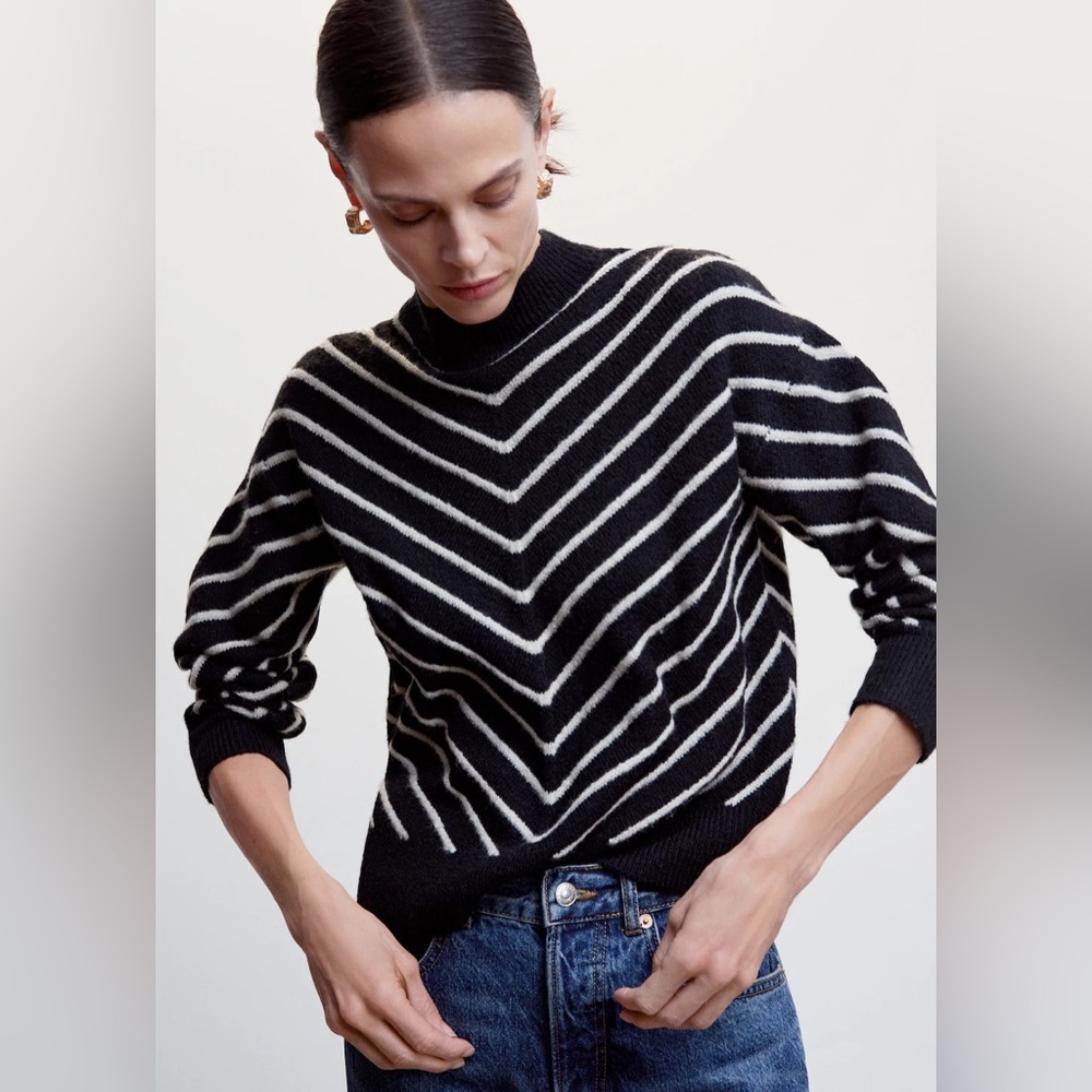Mango Black and White Fuzzy High Neck‎ Sweater